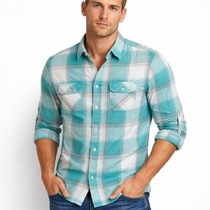 Red Camel Medium Southern Charm Button Down Aqua Plaid EUC